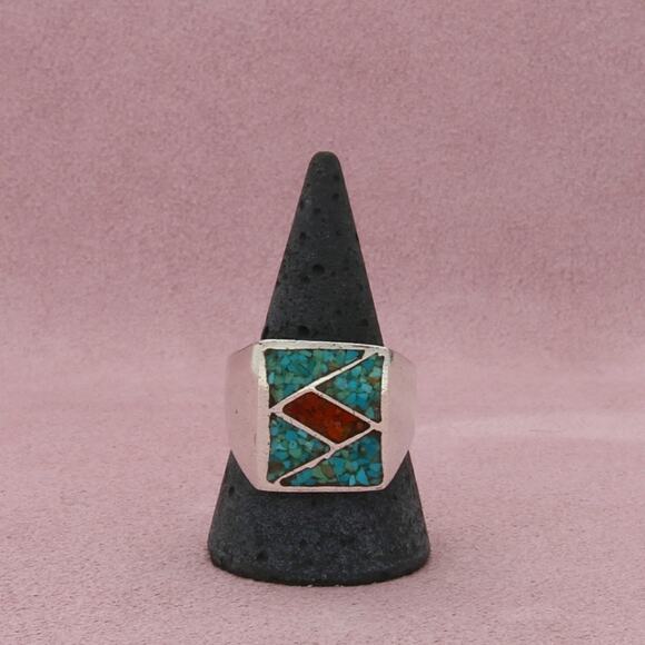Native Jewelry - navajo sterling silver mens vintage crushed turquoise & coral ring size 11
